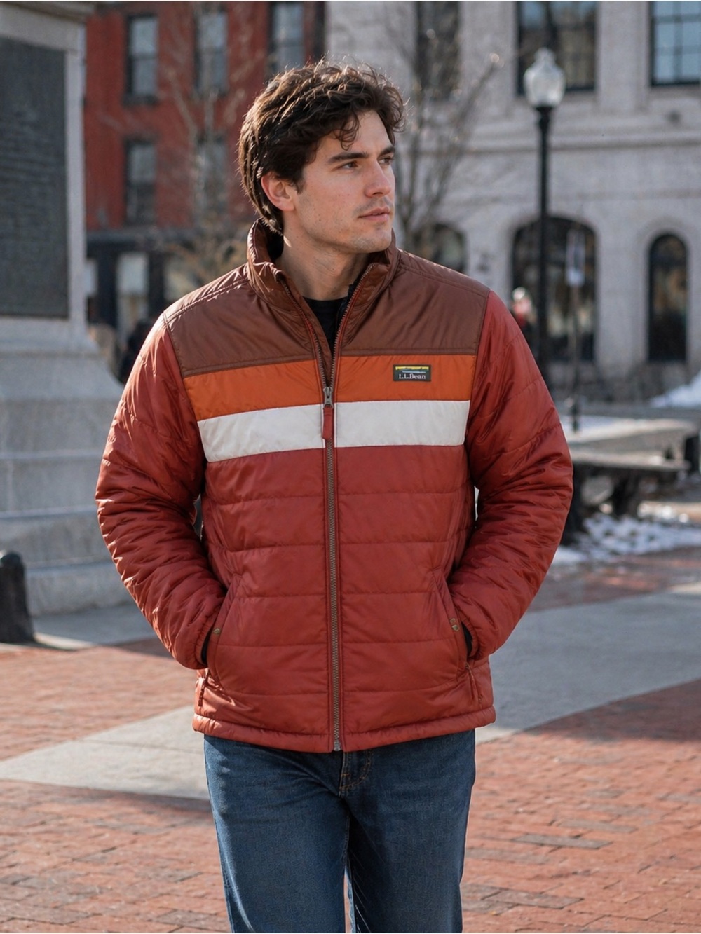 L.L. Bean Men's Rust and Orange Colorblock Puffer Jacket